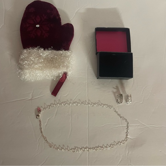 No brand Jewelry - Silver Earrings and Necklace with Maroon Colored Mitten Case